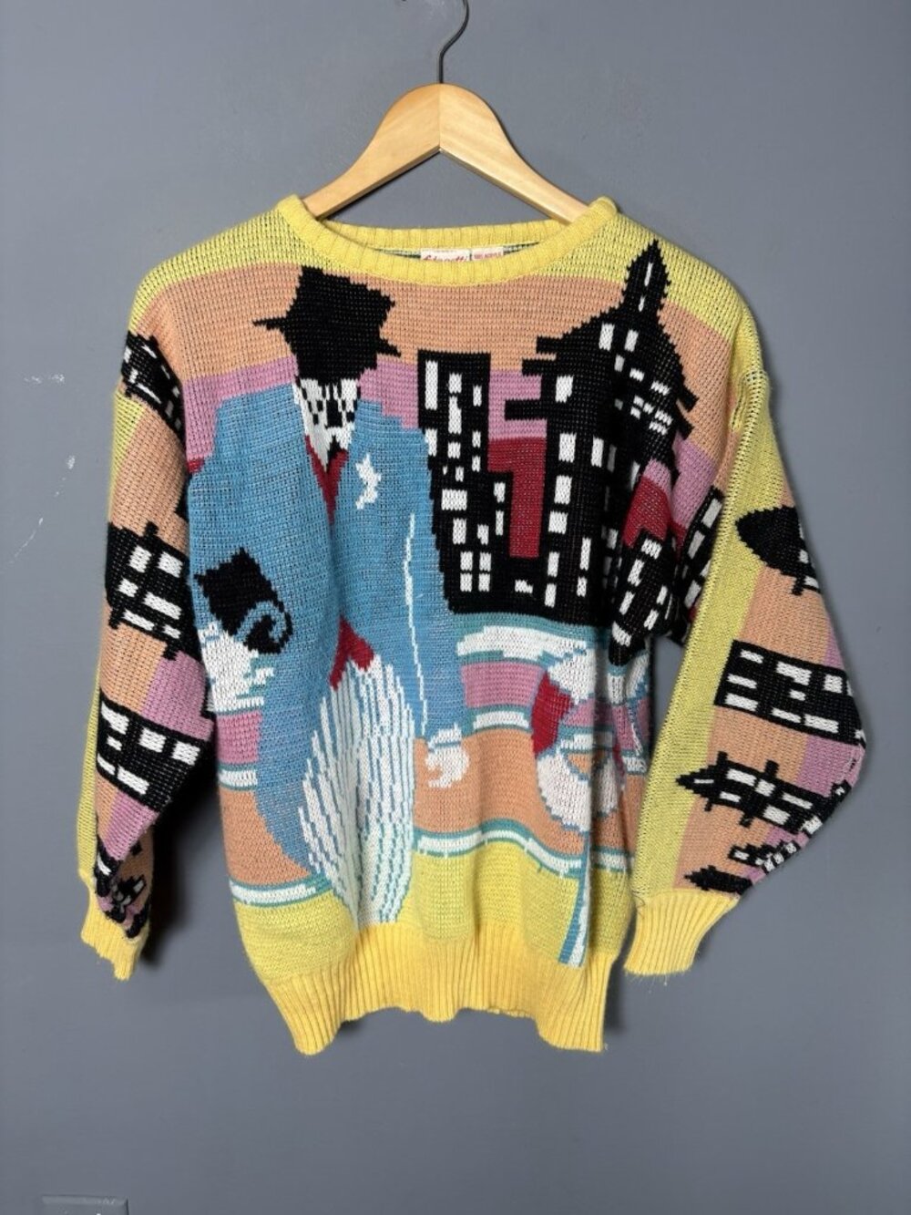 Vintage 80s Womens L City Scape Acrylic Novelty Knit Sweater by Fetagetti 1980s - Picture 2 of 6